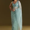 Light Blue Glossy Organza Saree With Scallop Border