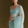 Light Blue Glossy Organza Saree With Scallop Border