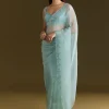 Light Blue Glossy Organza Saree With Scallop Border