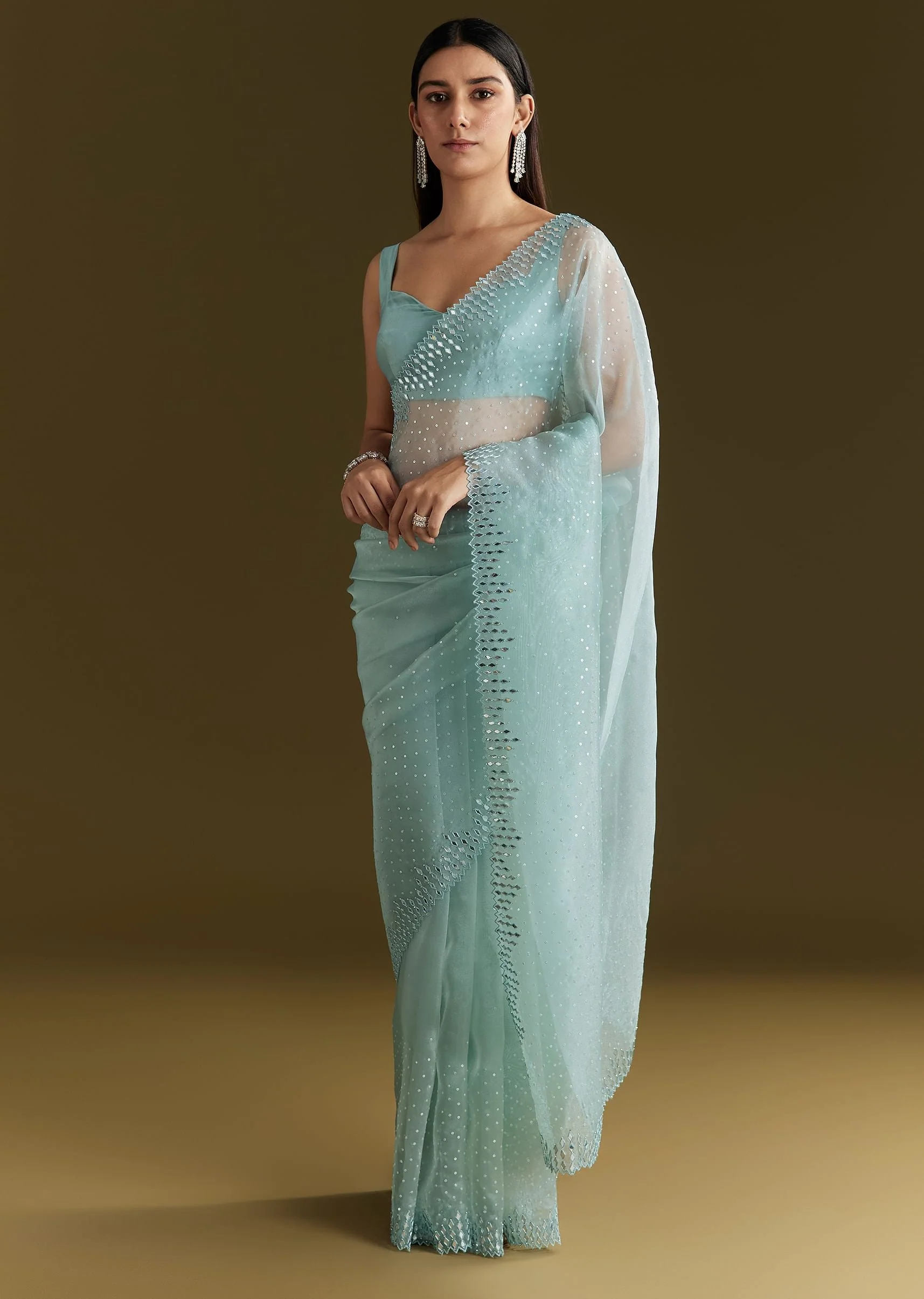 Light Blue Glossy Organza Saree With Scallop Border