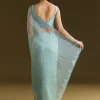 Light Blue Glossy Organza Saree With Scallop Border