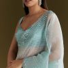 Light Blue Glossy Organza Saree With Scallop Border