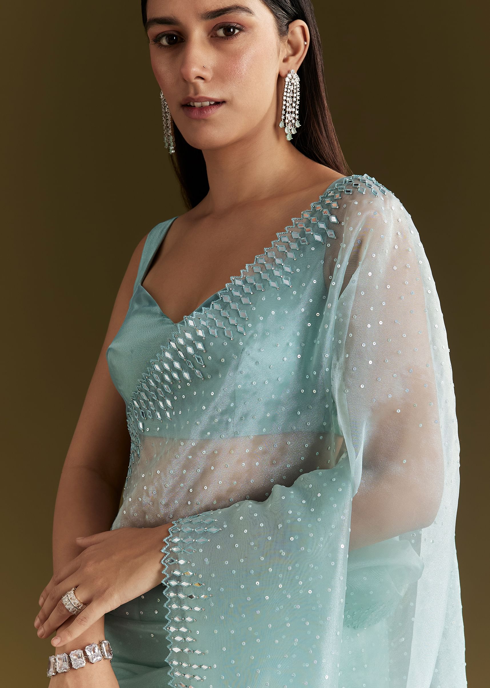 Light Blue Glossy Organza Saree With Scallop Border