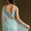 Light Blue Glossy Organza Saree With Scallop Border