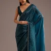 Blue Crushed Tissue Silk Saree With Cutdana Scallop Border