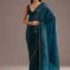Blue Crushed Tissue Silk Saree With Cutdana Scallop Border