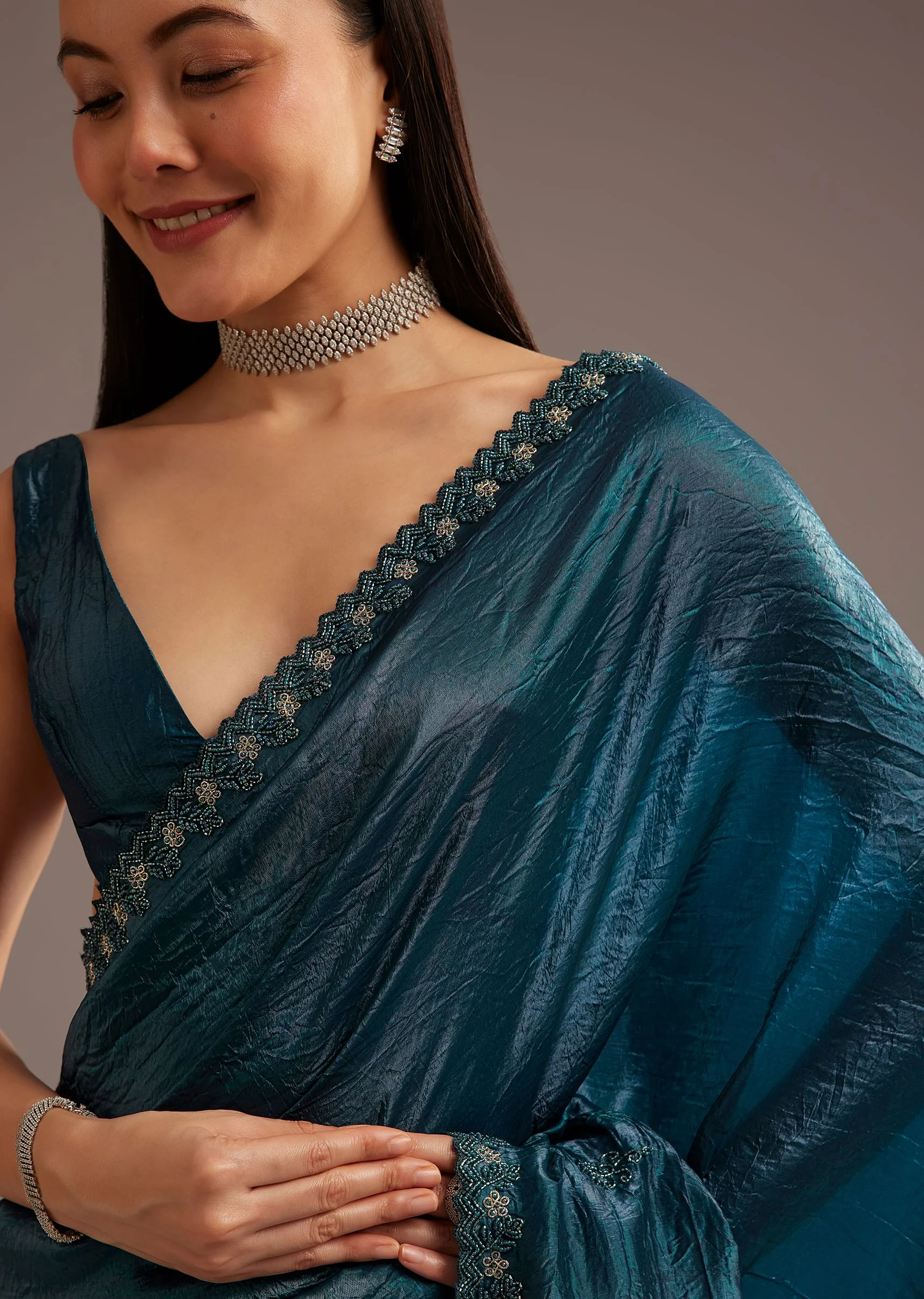 Blue Crushed Tissue Silk Saree With Cutdana Scallop Border