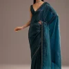 Blue Crushed Tissue Silk Saree With Cutdana Scallop Border