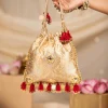 Gold and Red Floral Motif Kundan Embellished Potli Bag
