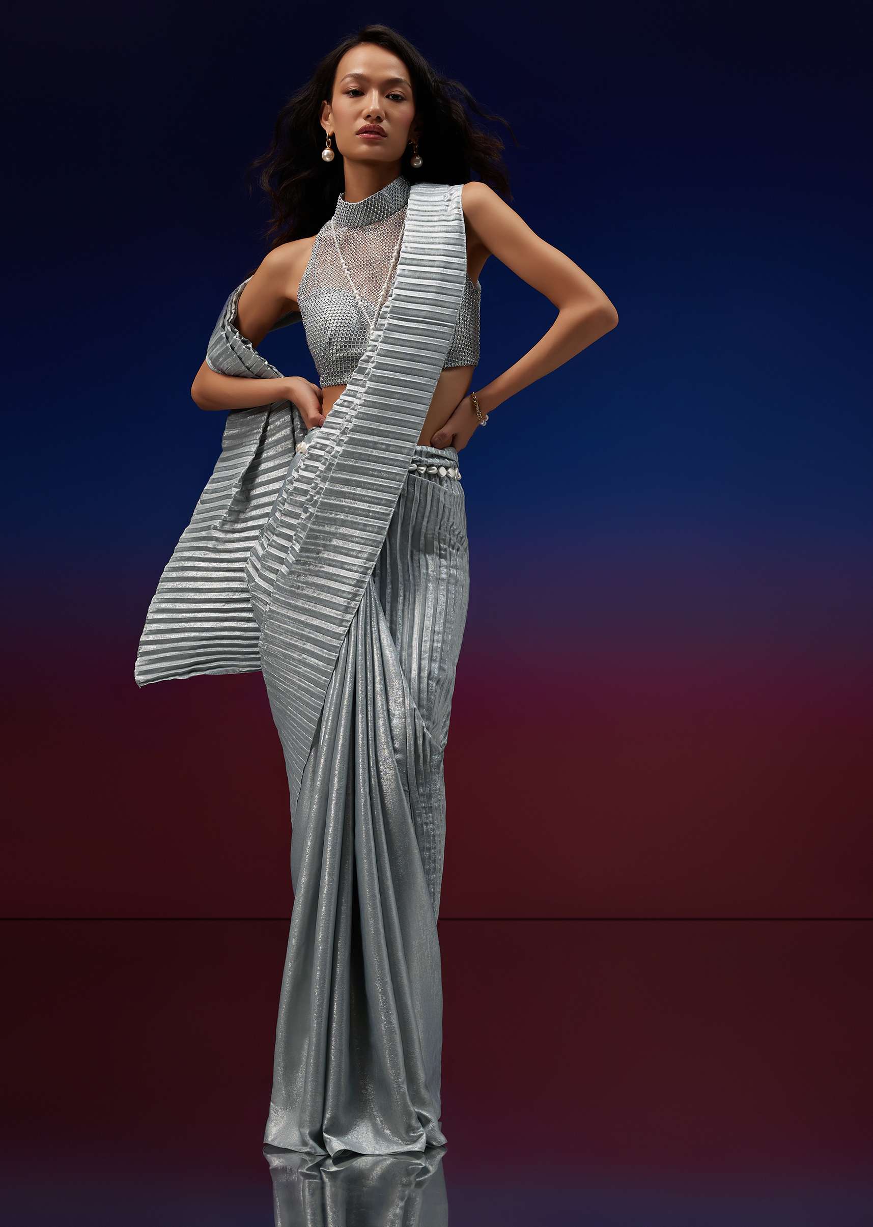 4645-powder-blue-silver-foil-open-saree-with-net-blouse-1.jpg Powder Blue Silver Foil Open Saree With Net Blouse