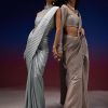 Powder Blue Silver Foil Open Saree With Net Blouse