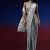 Powder Blue Silver Foil Open Saree With Net Blouse