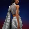 Powder Blue Silver Foil Open Saree With Net Blouse
