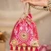 Pink Silk Mirror Embellished Tassel Potli Bag