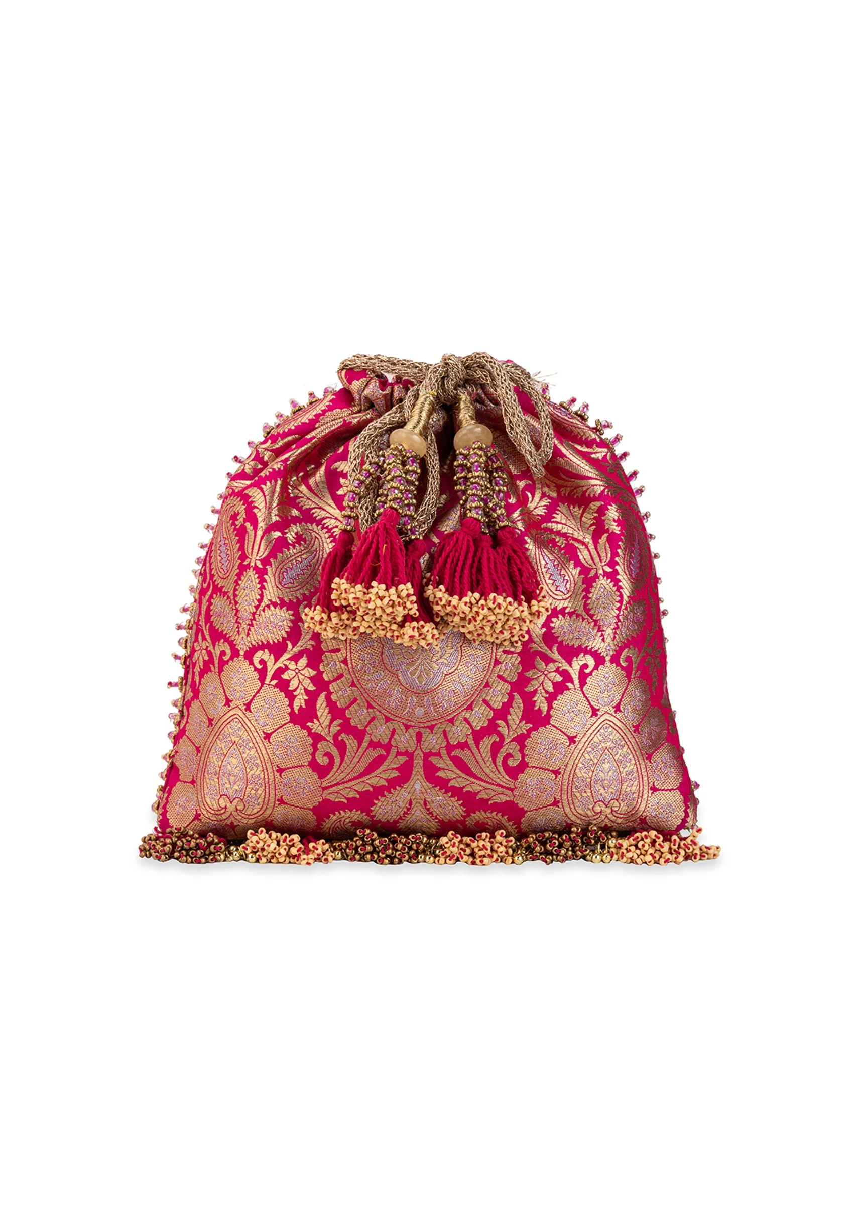 Pink Silk Mirror Embellished Tassel Potli Bag