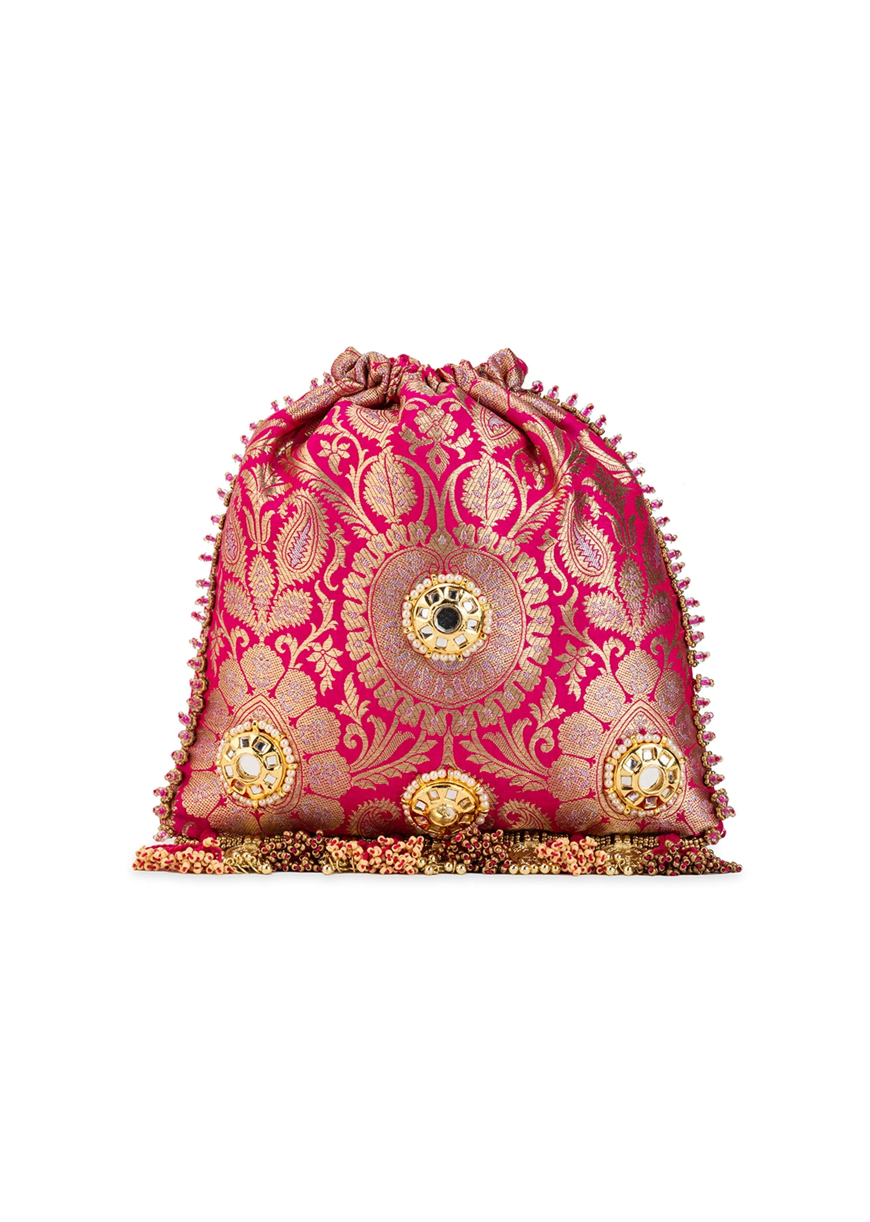 Pink Silk Mirror Embellished Tassel Potli Bag