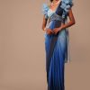 Ombre Blue Satin Saree With Fancy Organza Ruffle Blouse