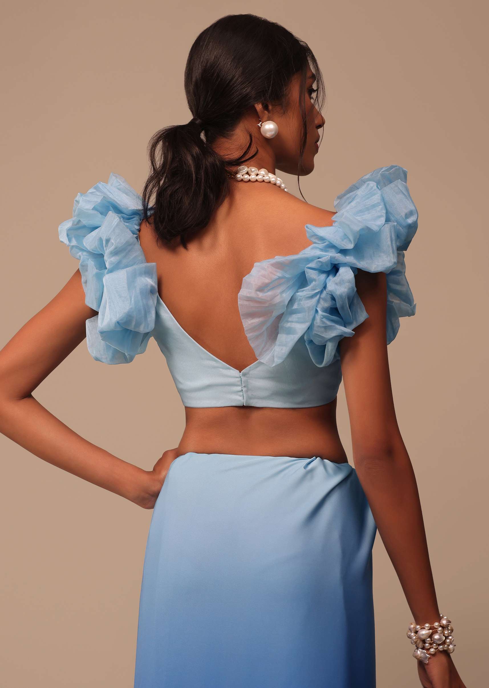 Ombre Blue Satin Saree With Fancy Organza Ruffle Blouse
