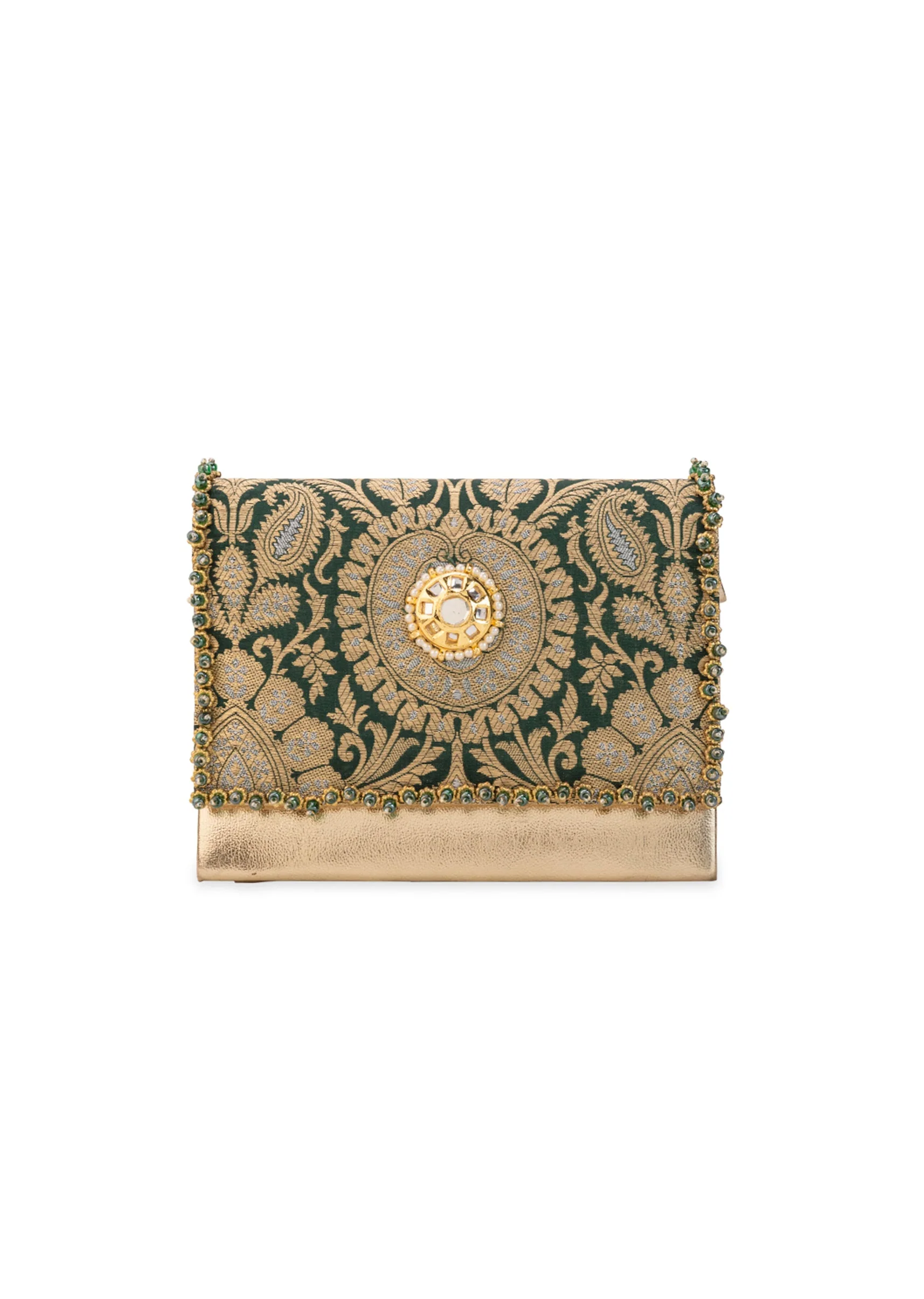 Green Zari and Kundan Encrusted Rectangular Flap Bag