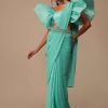 Aqua Blue Crepe Saree With Fancy Sleeves Organza Blouse