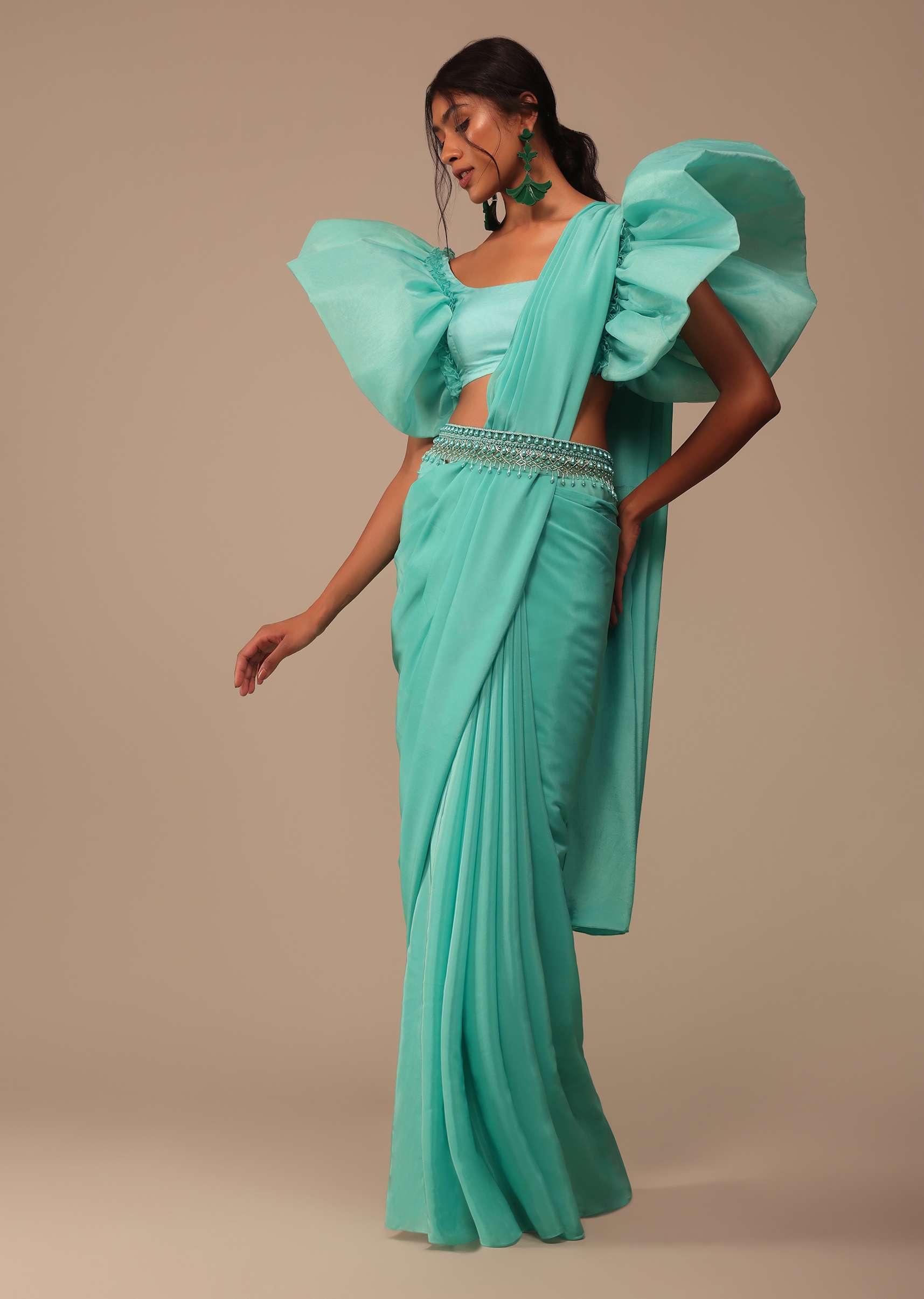 4676-aqua-blue-crepe-saree-with-fancy-sleeves-organza-blouse-1.jpg Aqua Blue Crepe Saree With Fancy Sleeves Organza Blouse