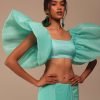 Aqua Blue Crepe Saree With Fancy Sleeves Organza Blouse