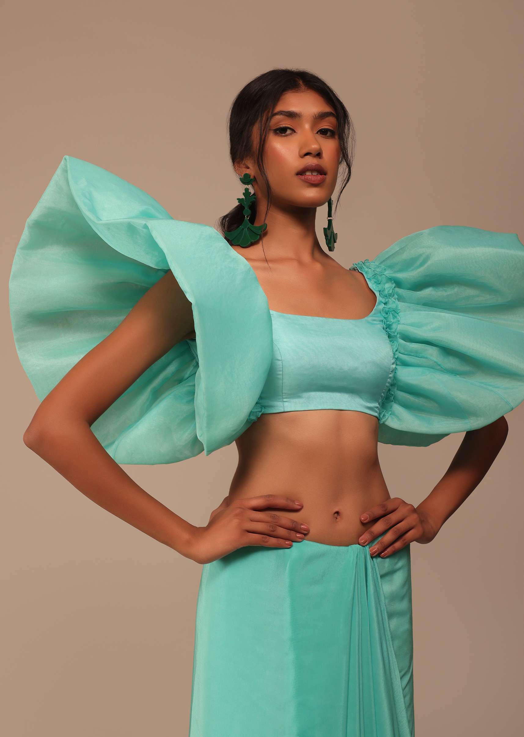 Aqua Blue Crepe Saree With Fancy Sleeves Organza Blouse