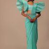 Aqua Blue Crepe Saree With Fancy Sleeves Organza Blouse