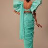 Aqua Blue Crepe Saree With Fancy Sleeves Organza Blouse