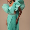 Aqua Blue Crepe Saree With Fancy Sleeves Organza Blouse