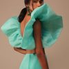 Aqua Blue Crepe Saree With Fancy Sleeves Organza Blouse