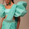 Aqua Blue Crepe Saree With Fancy Sleeves Organza Blouse