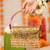 Gold Floral Engraved Bead Tassel Metal Bag