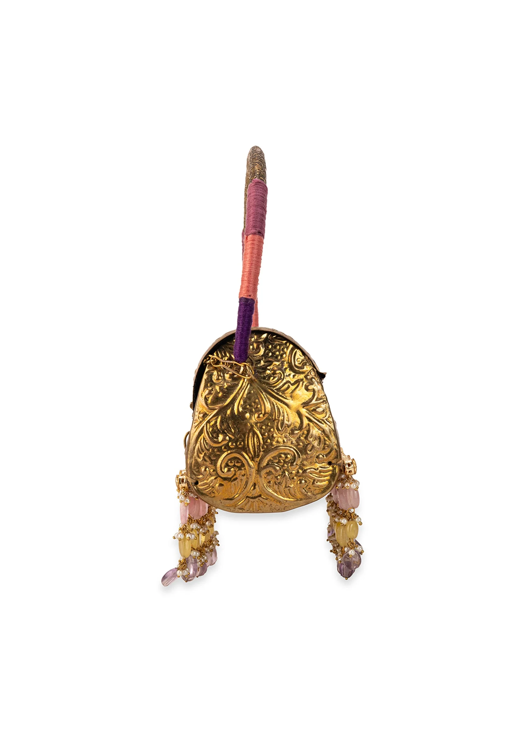 Gold Floral Engraved Bead Tassel Metal Bag
