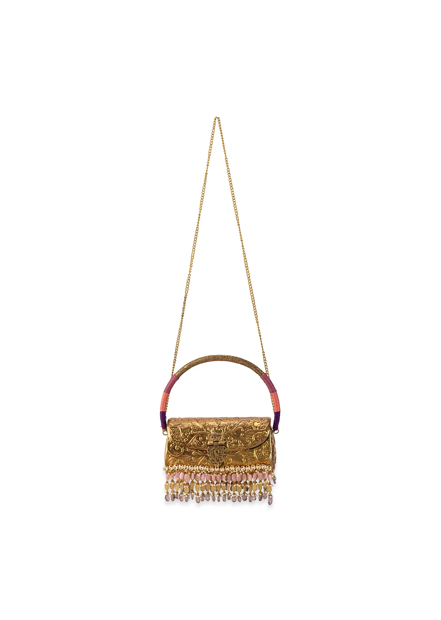 Gold Floral Engraved Bead Tassel Metal Bag