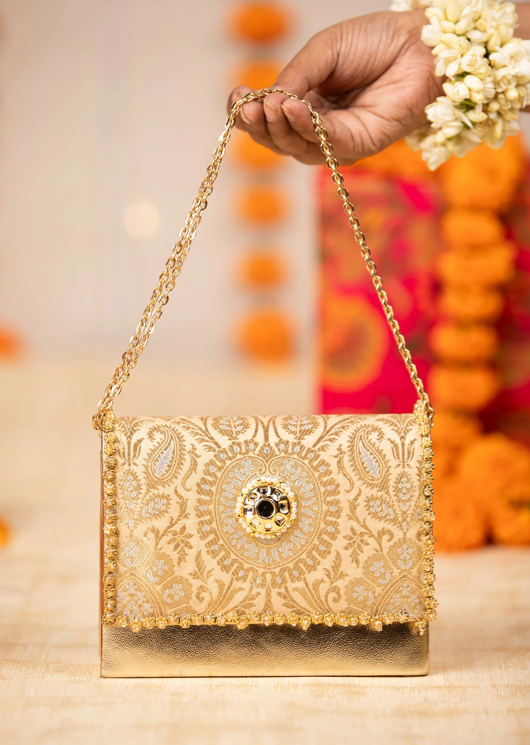 469-peach-zari-and-kundan-embellished-flap-bag-1.webp Peach Zari and Kundan Embellished Flap Bag