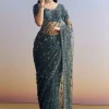 Midnight Blue Net Saree With Floral Jaal And Statement Embroidery