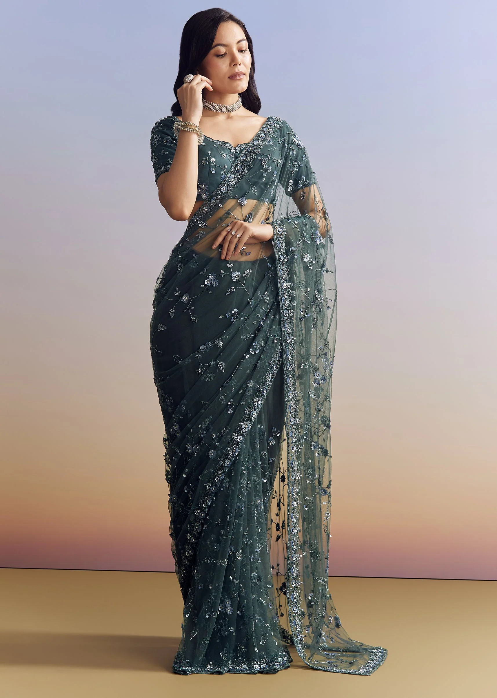 Midnight Blue Net Saree With Floral Jaal And Statement Embroidery