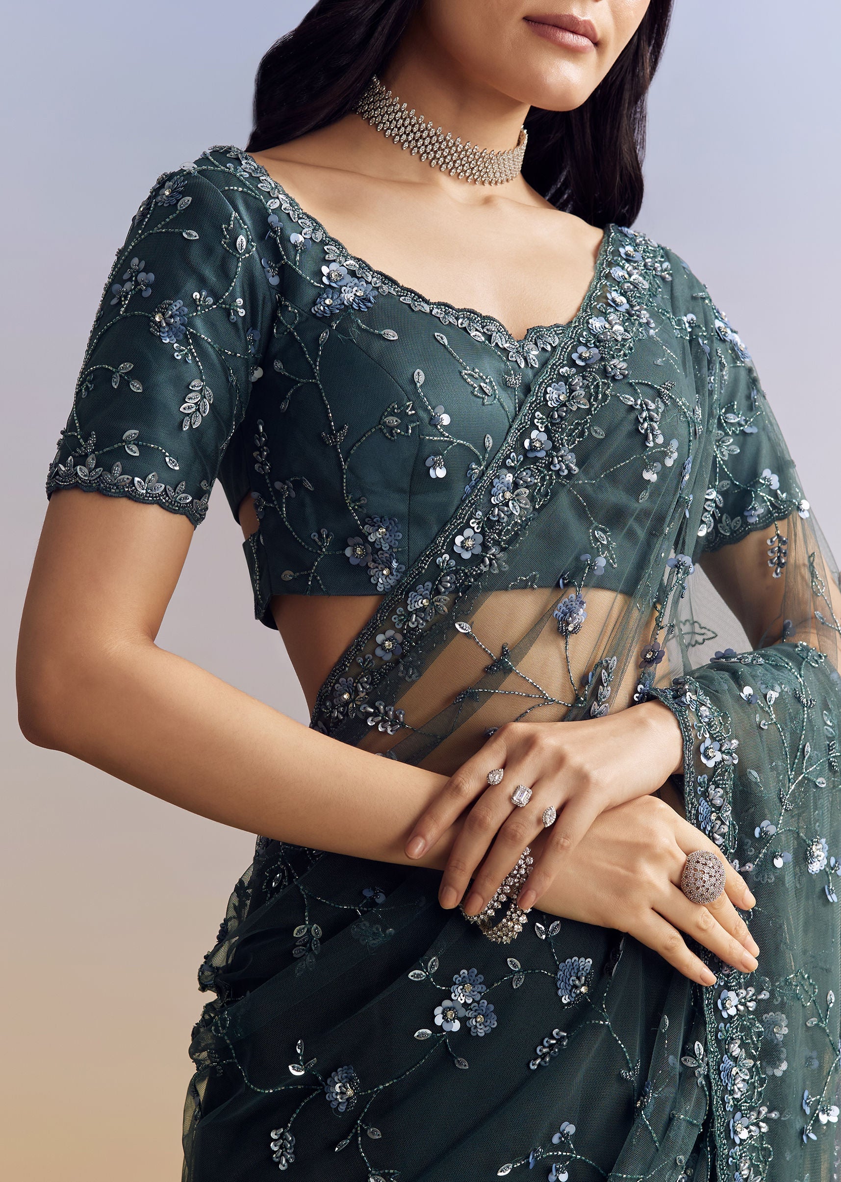 Midnight Blue Net Saree With Floral Jaal And Statement Embroidery