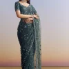 Midnight Blue Net Saree With Floral Jaal And Statement Embroidery