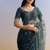 Midnight Blue Net Saree With Floral Jaal And Statement Embroidery