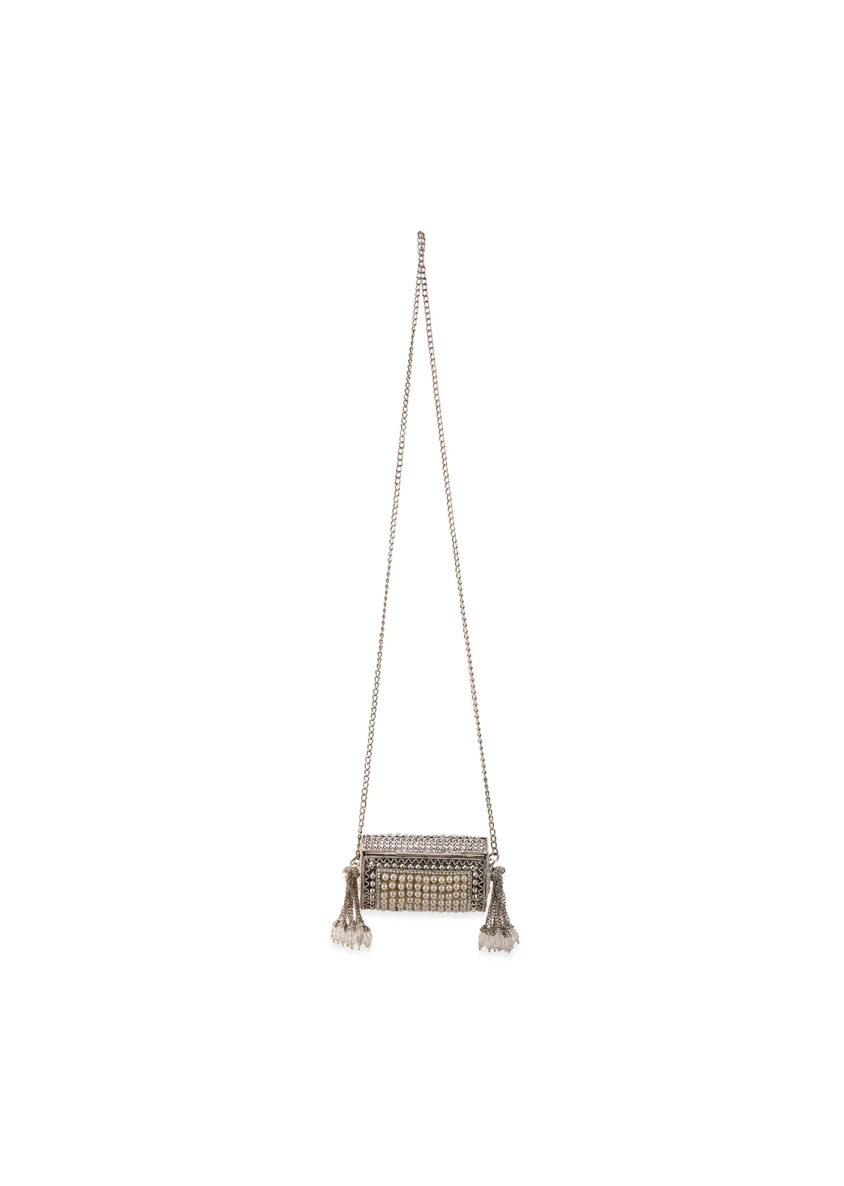 Silver Pearl Embellished Tassel Bag