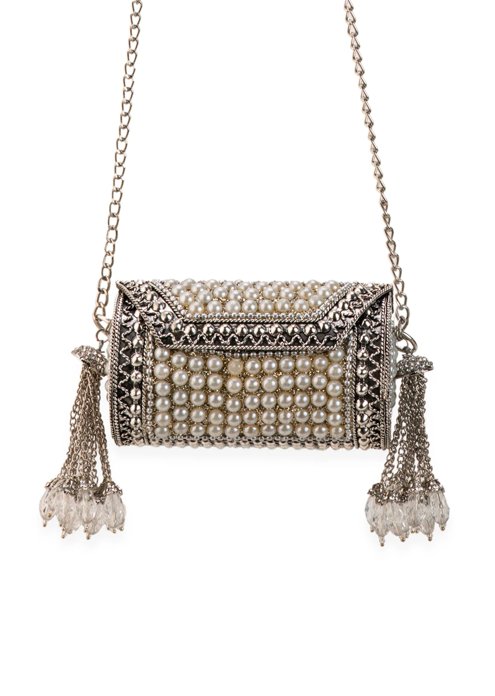 Silver Pearl Embellished Tassel Bag