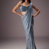 Steel Blue Sequin Saree Paired With A Plush Velvet blouse