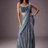 Steel Blue Sequin Saree Paired With A Plush Velvet blouse