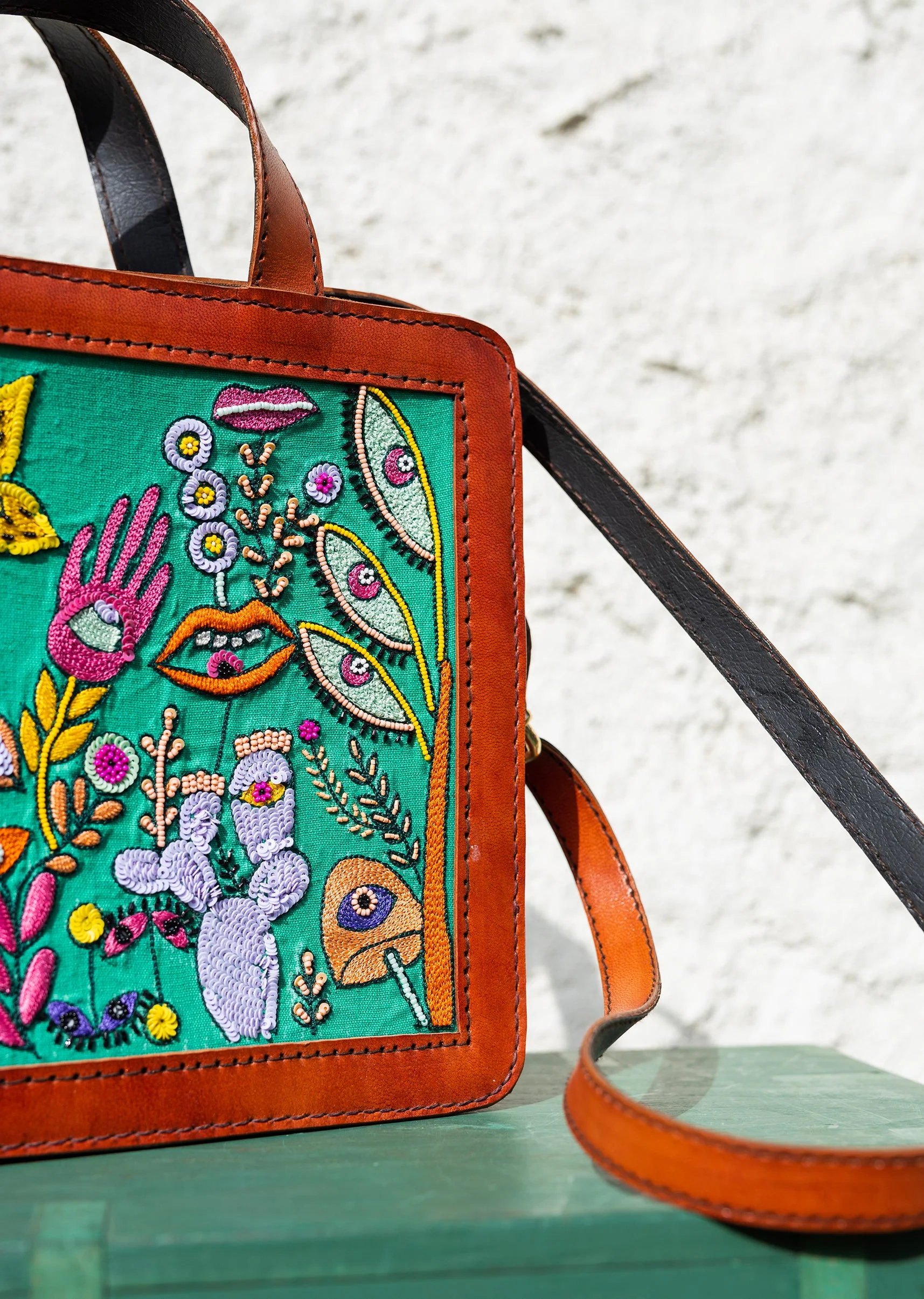Handcrafted and hand embroidered leathers bag