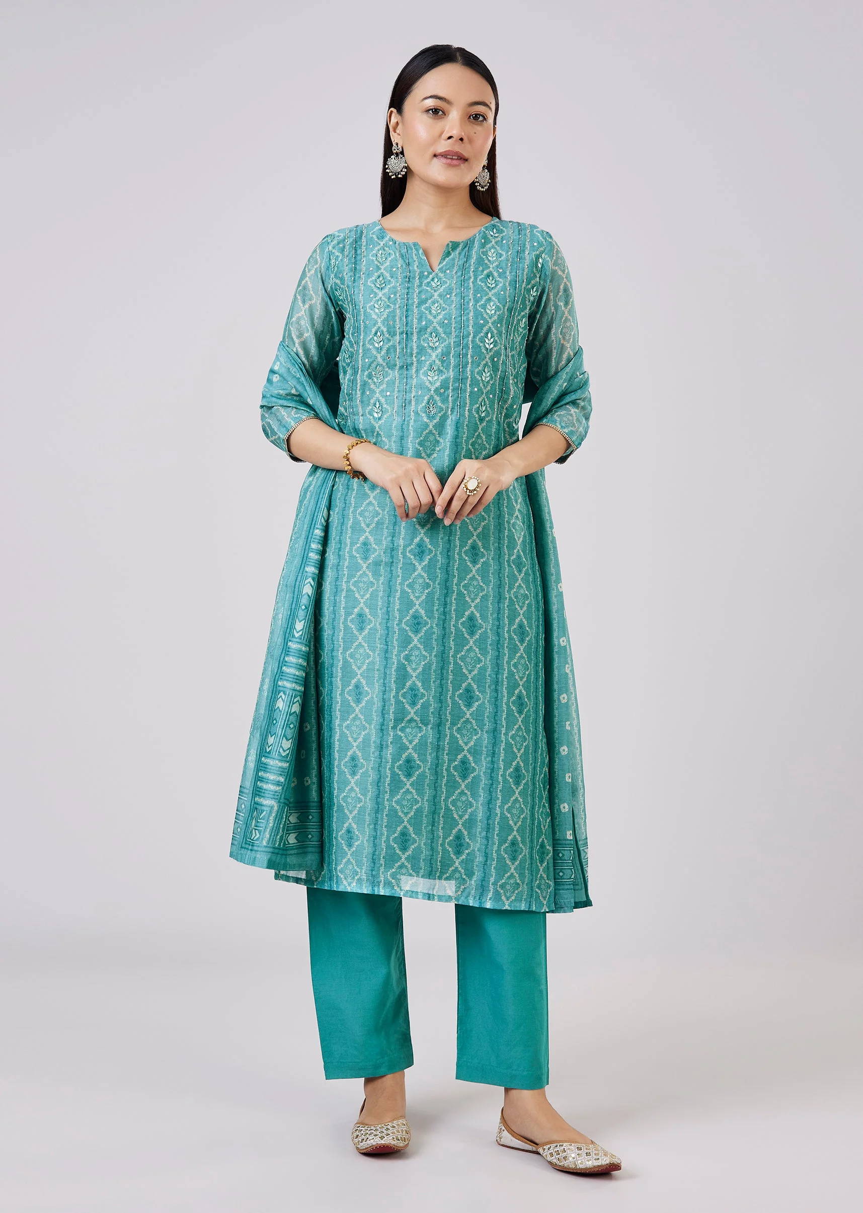 Blue Chanderi Kurta Set With Gotta And Moti Work