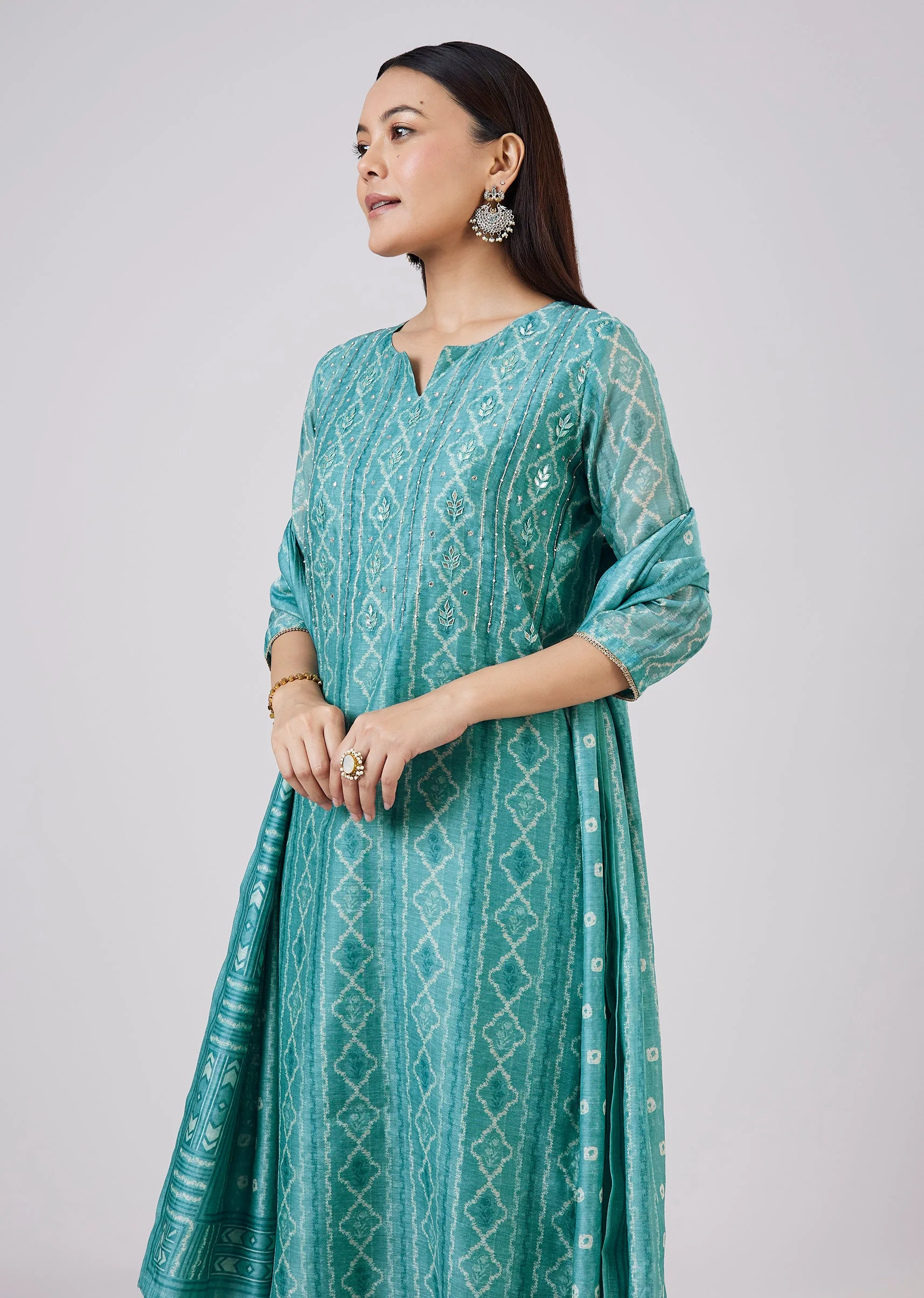 Blue Chanderi Kurta Set With Gotta And Moti Work