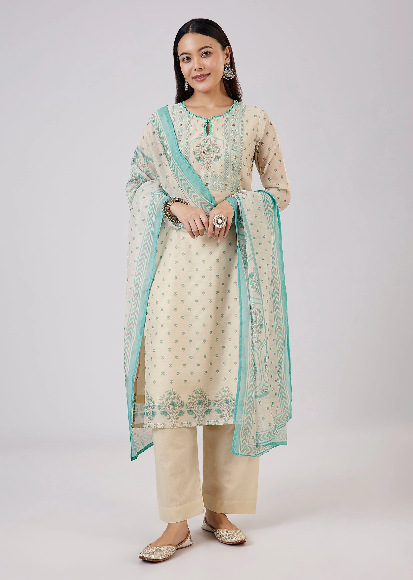Blue Chanderi Kurta Set With Zari And Sequins