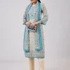 Blue Linen Kurta Set With Sequins And Thread Work
